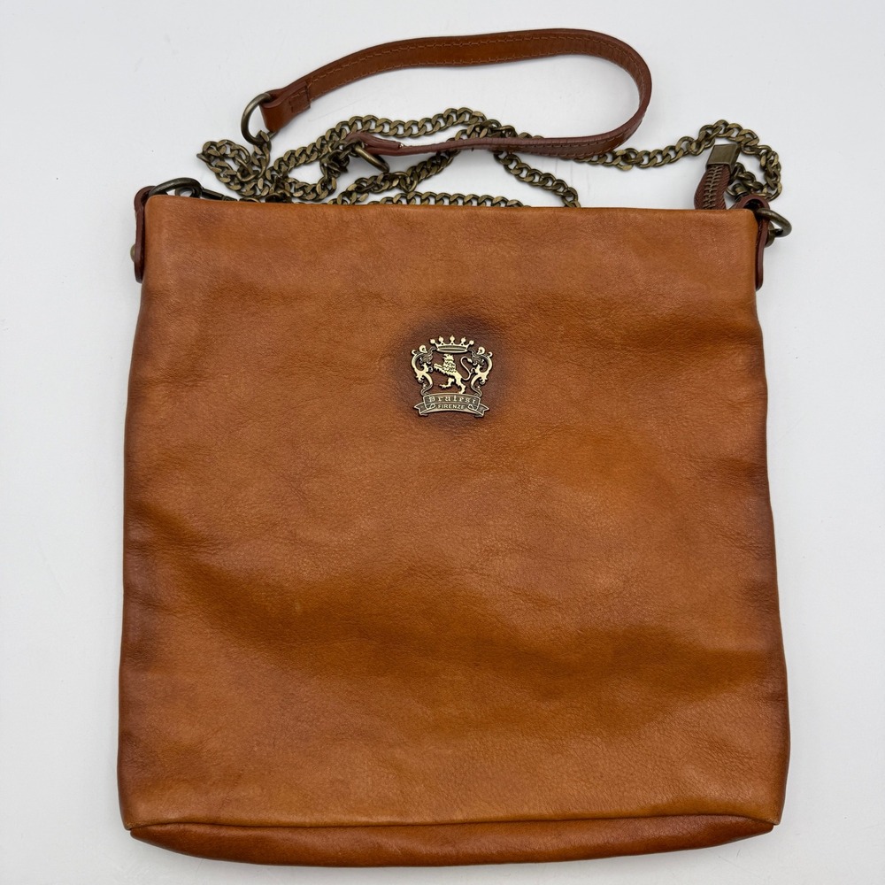 Pratesi Firenze Crossbody Bag Medium Cognac Italian Leather Crest Chain Strap